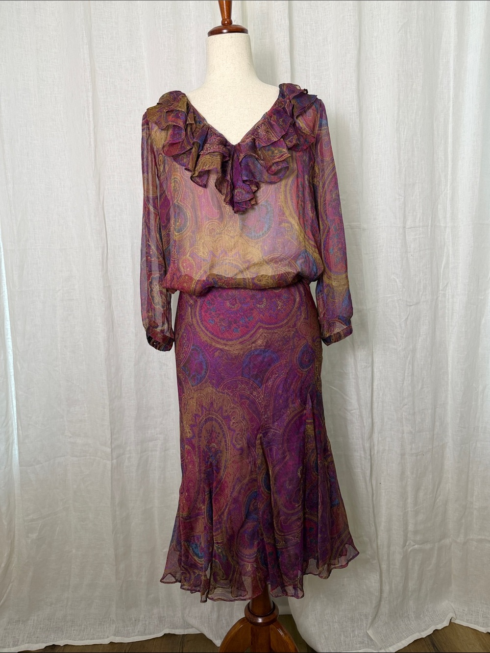 Lauren Ralph Lauren Purple Multi Paisley Ruffle Midi Skirt and Blouse Set